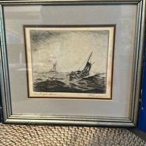 Vintage Framed Nautical Etching Entitled “The High Sea” Signed by Artist